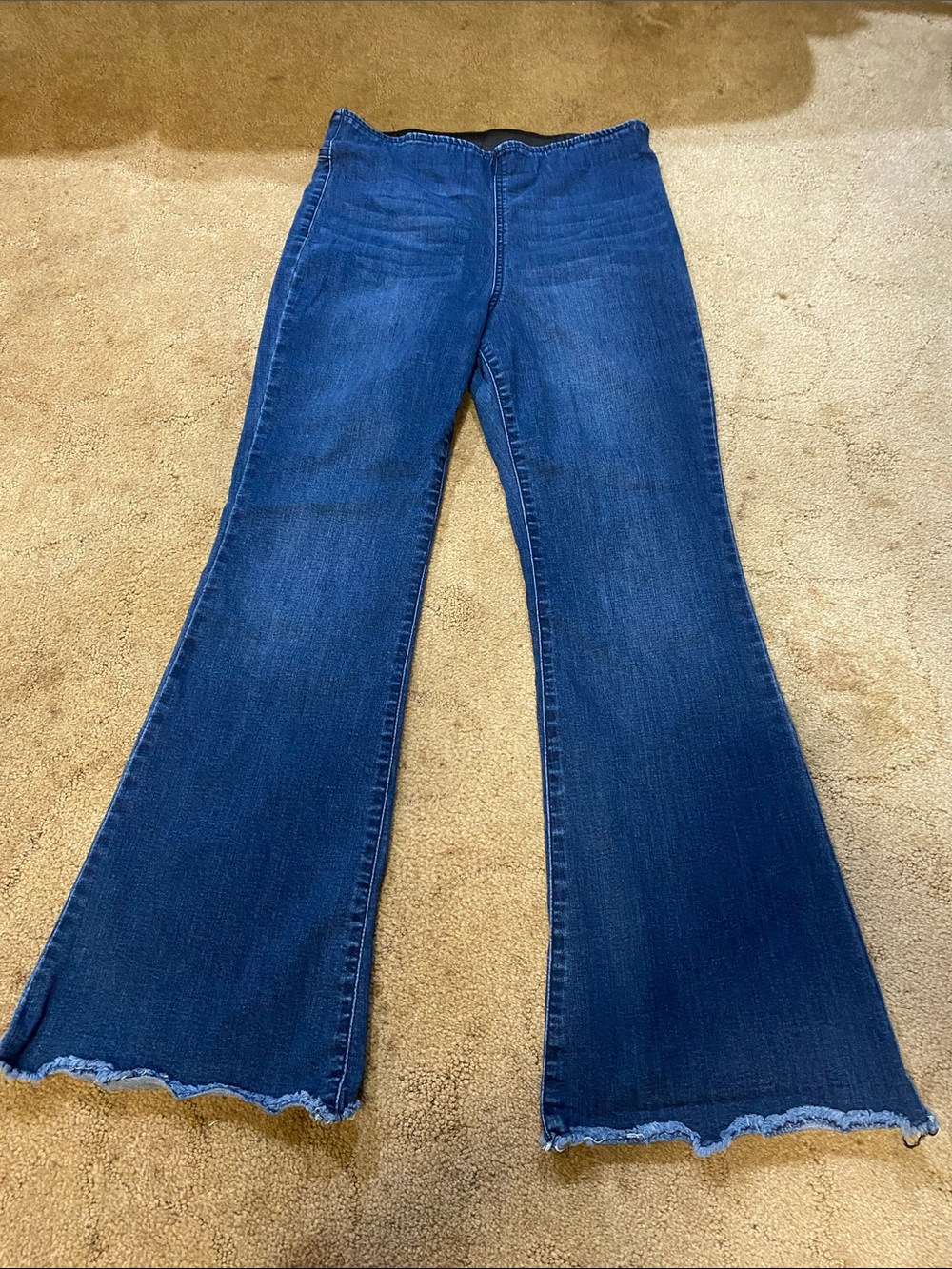 Classic High-Rise Dark Blue Flared Women’s Pull-On Jeans-10 Raw Hem Denim Chic